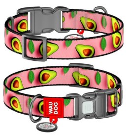 Collar WauDog Nylon Obroża nylonowa z QR-paszportem, plastikowy fastex, wzór AWOKADO NA RÓŻU, S 15mm/25-35cm