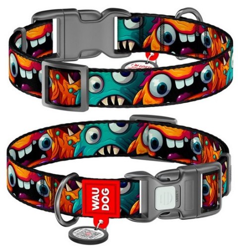 Collar WauDog Nylon Obroża nylonowa z QR-paszportem, plastikowy fastex, wzór ZĘBATE POTWORY, S 15mm/25-35cm